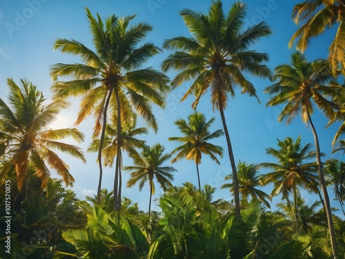 A bright, sunny tropical sky with palm trees standing tall against a vivid blue sky, their leaves catching the soft morning light 