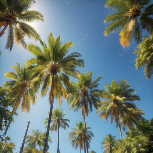 A bright, sunny tropical sky with palm trees standing tall against a vivid blue sky, their leaves catching the soft morning light 