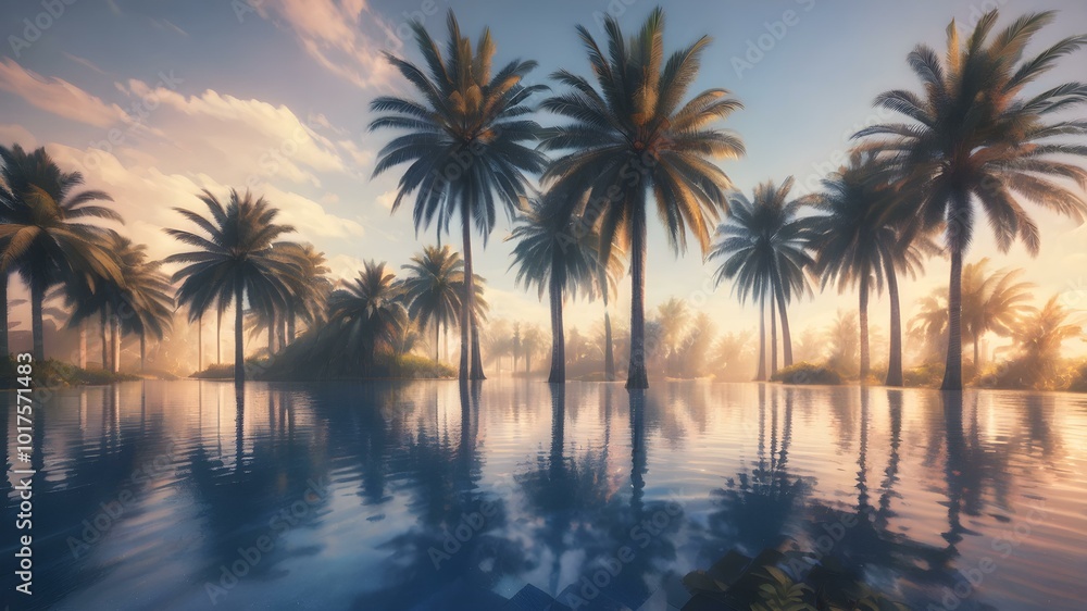 A bright, sunny tropical sky with palm trees standing tall against a vivid blue sky, their leaves catching the soft morning light
A bright, sunny tropical sky with palm trees standing tall against a vivid blue sky, their leaves catching the soft morning light