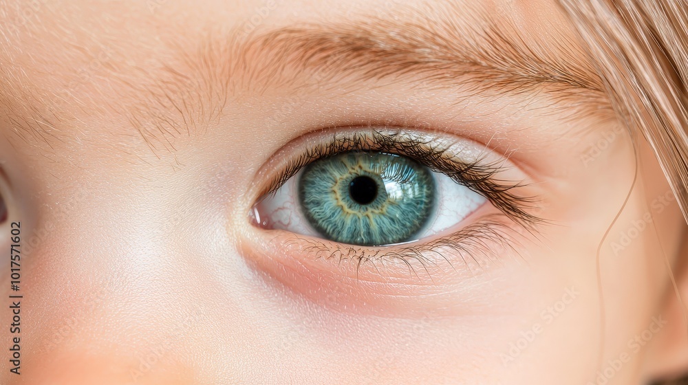 Obraz premium Close up of Blue Child s Eye with Eyelashes and Skin Texture