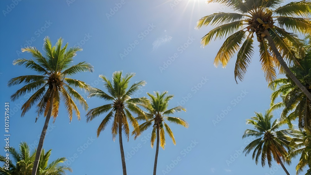 A bright, sunny tropical sky with palm trees standing tall against a vivid blue sky, their leaves catching the soft morning light
A bright, sunny tropical sky with palm trees standing tall against a vivid blue sky, their leaves catching the soft morning light