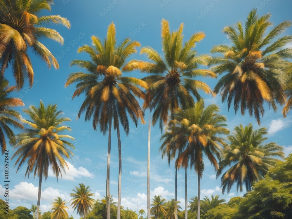 A bright, sunny tropical sky with palm trees standing tall against a vivid blue sky, their leaves catching the soft morning light
A bright, sunny tropical sky with palm trees standing tall against a vivid blue sky, their leaves catching the soft morning light