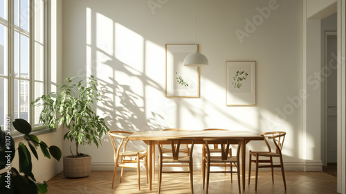 A bright and airy dining room featuring wooden table surrounded by chairs, illuminated by soft sunlight streaming through large windows. space is adorned with greenery and framed botanical art, creati photo