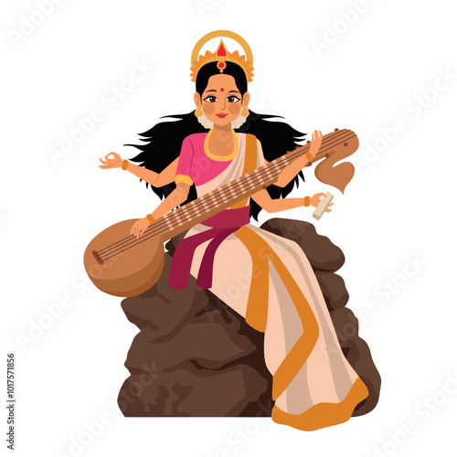 indian goddess lakshmi sitting with sitar