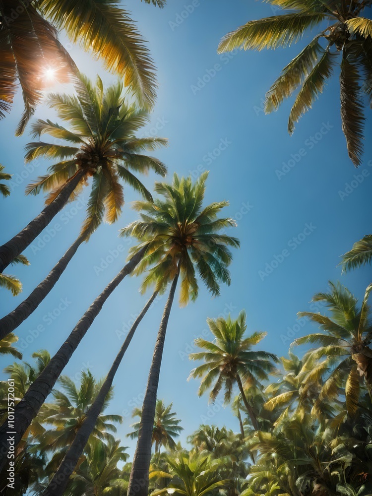A bright, sunny tropical sky with palm trees standing tall against a vivid blue sky, their leaves catching the soft morning light
A bright, sunny tropical sky with palm trees standing tall against a vivid blue sky, their leaves catching the soft morning light