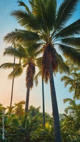 A bright, sunny tropical sky with palm trees standing tall against a vivid blue sky, their leaves catching the soft morning light 