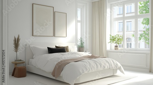 Cozy and comfortable bed in bright bedroom with white walls and windows at contemporary apartment