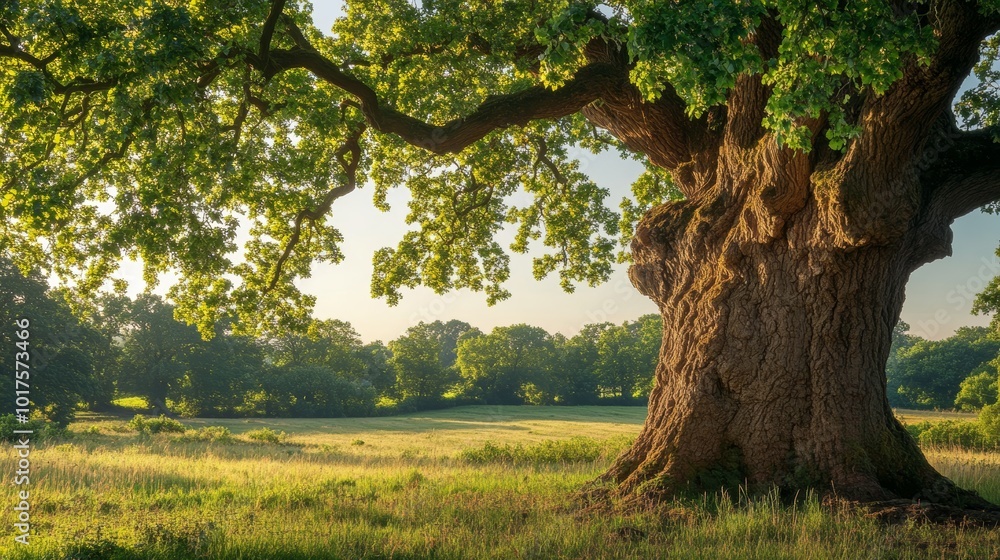 In the heart of a tranquil meadow a majestic oak tree stands proudly ...
