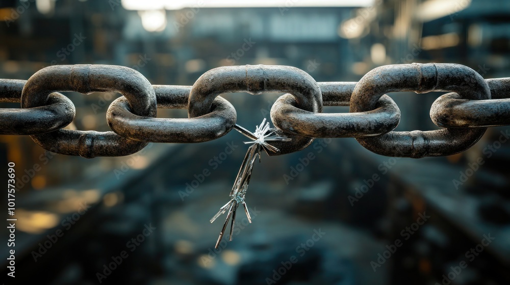 A broken chain link hanging precariously from a larger chain over a deep chasm, illustrating the risk of weak connections in a system. The background is blurred industrial machinery. A broken chain link hanging precariously from a larger chain over a deep chasm, illustrating the risk of weak connections in a system. The background is blurred industrial machinery.
