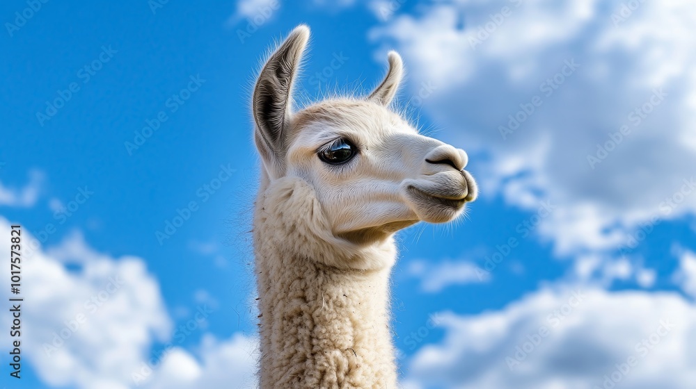 Obraz premium Baby llama portrait blue sky background - rural bolivia
