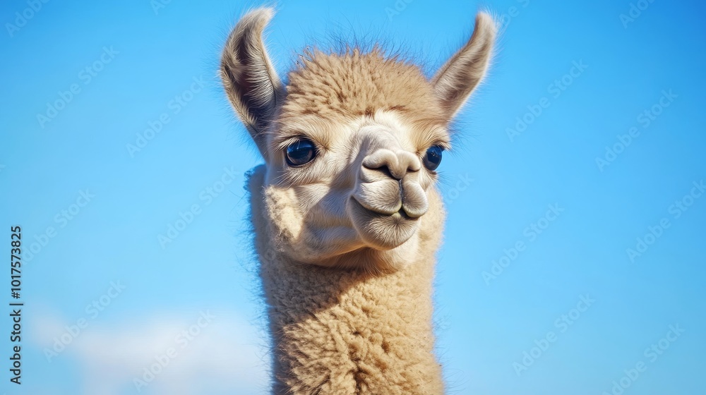 Obraz premium Baby llama portrait blue sky background - rural bolivia