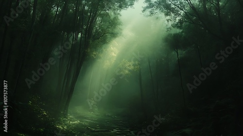 Sun Rays Piercing Through Foggy Forest