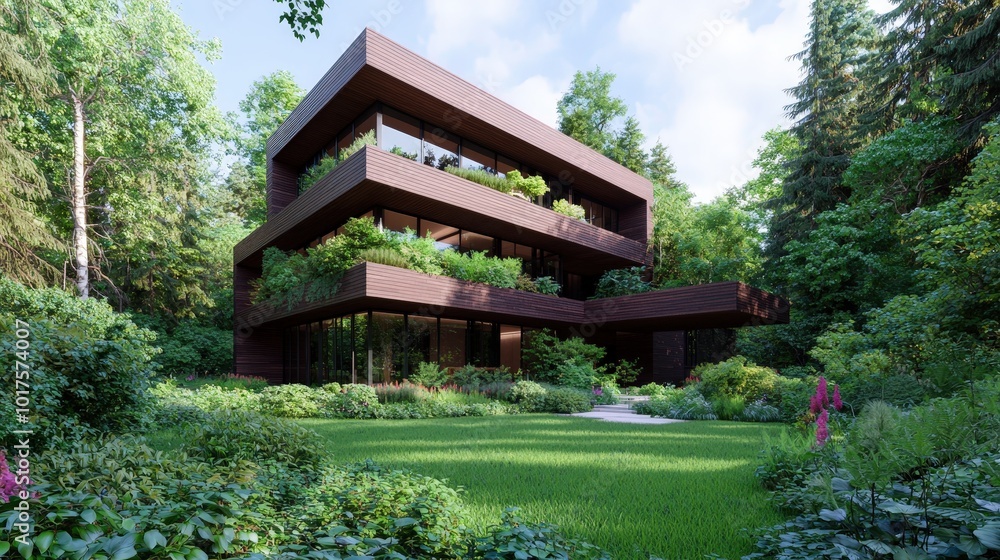 Modern Wooden House with Green Roof in Forest Setting Modern Wooden House with Green Roof in Forest Setting