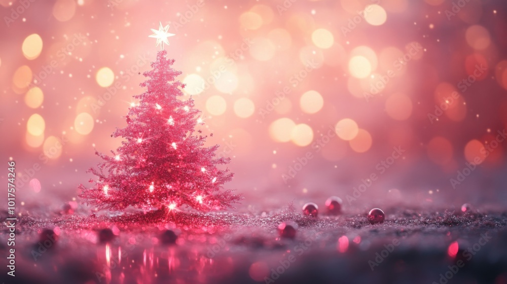 Minimal Christmas tree with pink lights, soft pastel backdrop, tiny glass balls and stars, soft glow, adorable and festive illustration. Minimal Christmas tree with pink lights, soft pastel backdrop, tiny glass balls and stars, soft glow, adorable and festive illustration.