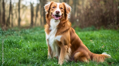 Nova scotia duck tolling retriever sitting in green grass; smiling; happy dog; relaxed dog; woods background