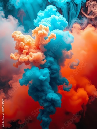 Explosive smoke bomb creates vibrant abstract background with dynamic swirling hues of blue orange red and green perfect for artistic projects Smoke Explosion Backdrop