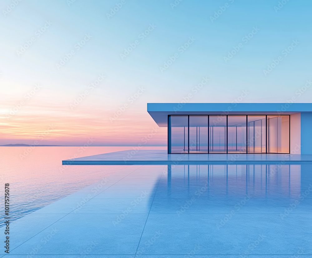 Fototapeta premium minimalist villa with sea in dawn . AI generative.