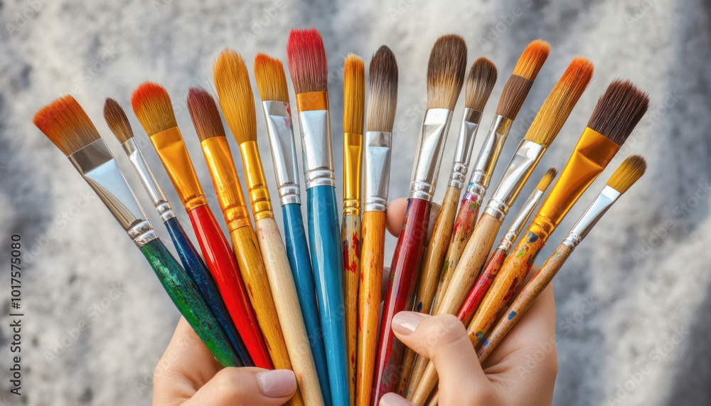 Artist holding many paintbrushes in front of gray wall