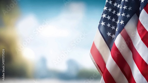 American flag waving proudly against a soft blurred background, with an open banner space for text or design. This patriotic scene provides a perfect setting for celebrating national holidays or promo