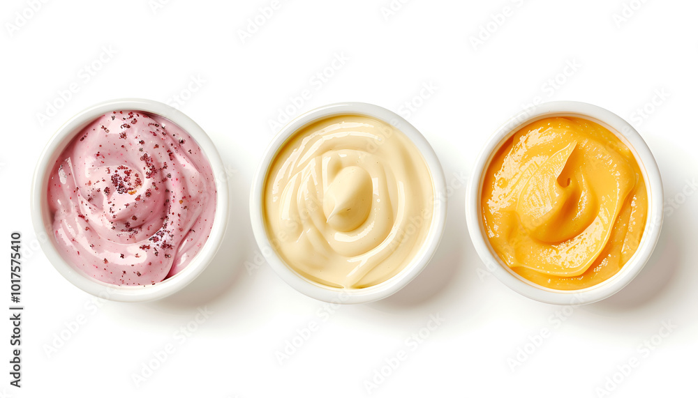 Tasty mayonnaise sauce isolated on white, set Tasty mayonnaise sauce isolated on white, set
