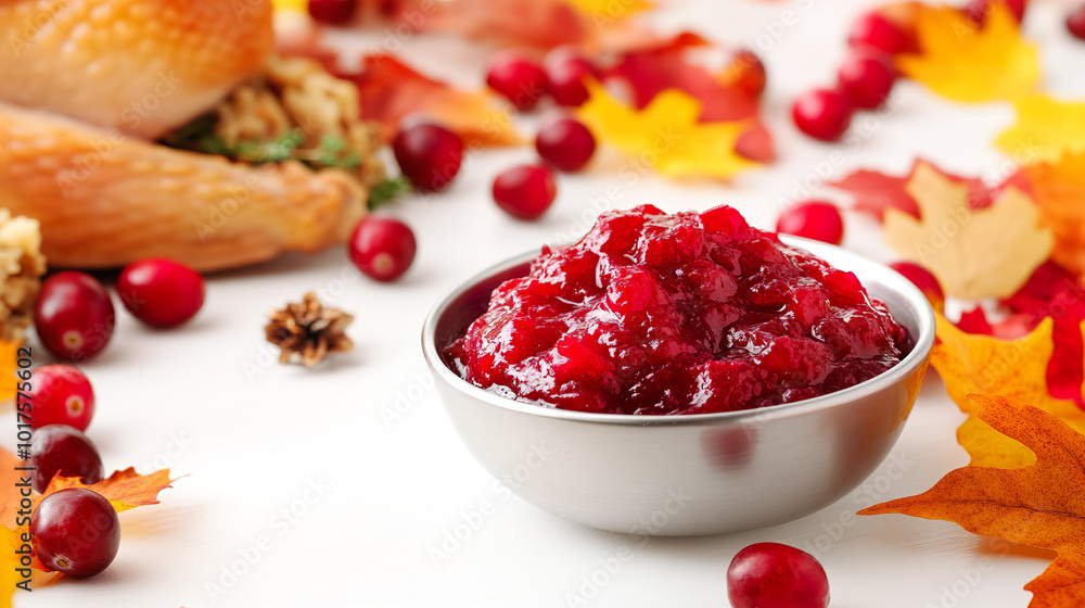 Bowl of vibrant cranberry sauce surrounded by autumn leaves and fresh cranberrieS Bowl of vibrant cranberry sauce surrounded by autumn leaves and fresh cranberrieS