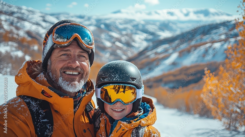 A happy skier and child pose together in a snowy landscape with autumn foliage. A happy skier and child pose together in a snowy landscape with autumn foliage.