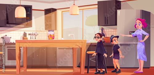 Mother showing sweets to children in kitchen. Vector cartoon illustration of teen girl and boy in black spy suits playing at home, woman smiling at teen siblings, glass jar with gummy sweets on table