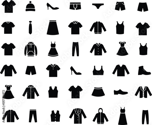 Set of mans and women clothes and accessories. Fashion and style elements. casual, elegant and business cloths for man and women. Dress, polo t-shirt, jeans, winter coat, jacket pants