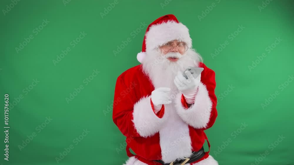Funny bearded Santa in red hat chatting on phone answering message congratulating happy new year standing on green background advertising Christmas discounts. Funny bearded Santa in red hat chatting on phone answering message congratulating happy new year standing on green background advertising Christmas discounts.