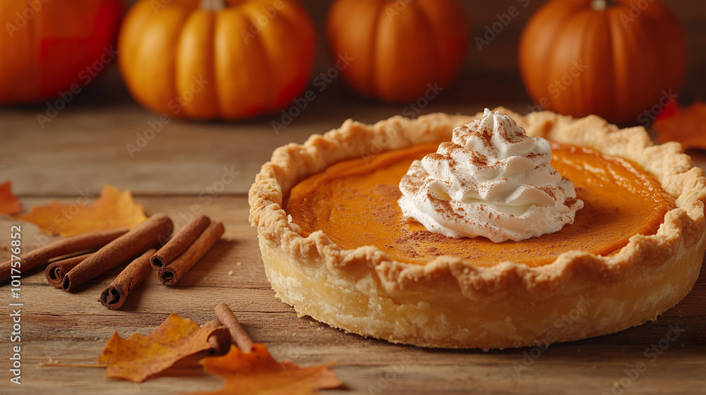 Delicious pumpkin pie topped with whipped cream sits on rustic wooden table, surrounded by small pumpkins, cinnamon sticks, and autumn leaves Delicious pumpkin pie topped with whipped cream sits on rustic wooden table, surrounded by small pumpkins, cinnamon sticks, and autumn leaves