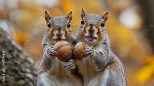 Two squirrels holding an acorn, posing as if they just took a selfie after collecting food