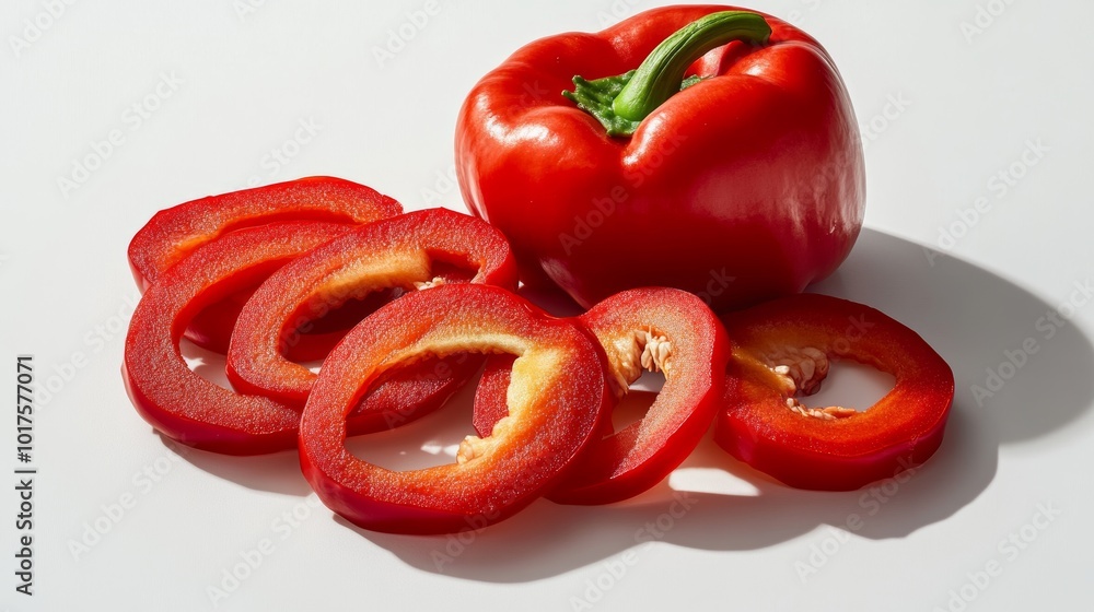 Red bell pepper set or paprika cut in to slice isolated on white background studio shot with shadow Red bell pepper set or paprika cut in to slice isolated on white background studio shot with shadow