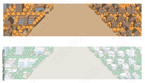 バナー型の街並みイラスト. 建物のベクターイラスト.