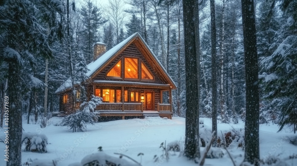 A snow-covered cabin surrounded by tall trees, with warm light shining through the windows, creating a tranquil winter evening. A snow-covered cabin surrounded by tall trees, with warm light shining through the windows, creating a tranquil winter evening.