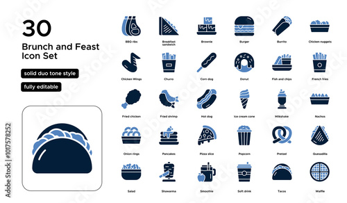 Brunch and Feast Solid Duo Tone Icon Set: Breakfasts, Buffets, Festive Meals, and Celebratory Feasts Icons
