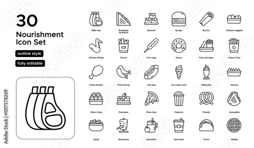 Nourishment Line Icon Set: Healthy Eating, Nutrition, Balanced Meals, and Dietary Choices Icons
