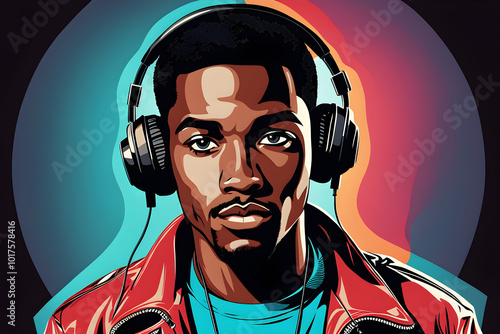 black man wearing headphones listening to music  ,retro style photo