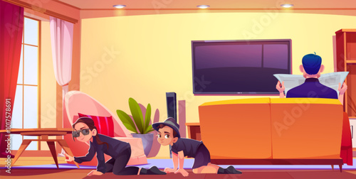Kid detective in living room. Child crawl and spy at home. Brother and sister in sunglasses character search in security suit investigate and play game. Man sitting on couch concept illustration.