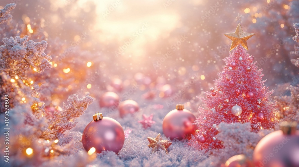 Fototapeta premium Pink Christmas, cartoon painting composed of Christmas elements such as stars, Christmas trees, glass balls, etc.