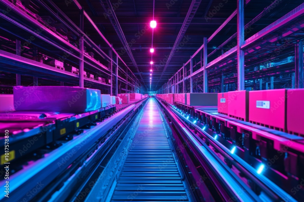 A high-tech warehouse showcases vibrant lights and organized boxes. The sleek conveyor belt demonstrates modern logistics technology. This is the future of storage. Generative AI A high-tech warehouse showcases vibrant lights and organized boxes. The sleek conveyor belt demonstrates modern logistics technology. This is the future of storage. Generative AI