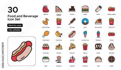 Food and Beverage Filled Line Icon Set: Drinks, Meals, Ingredients, and Culinary Icons