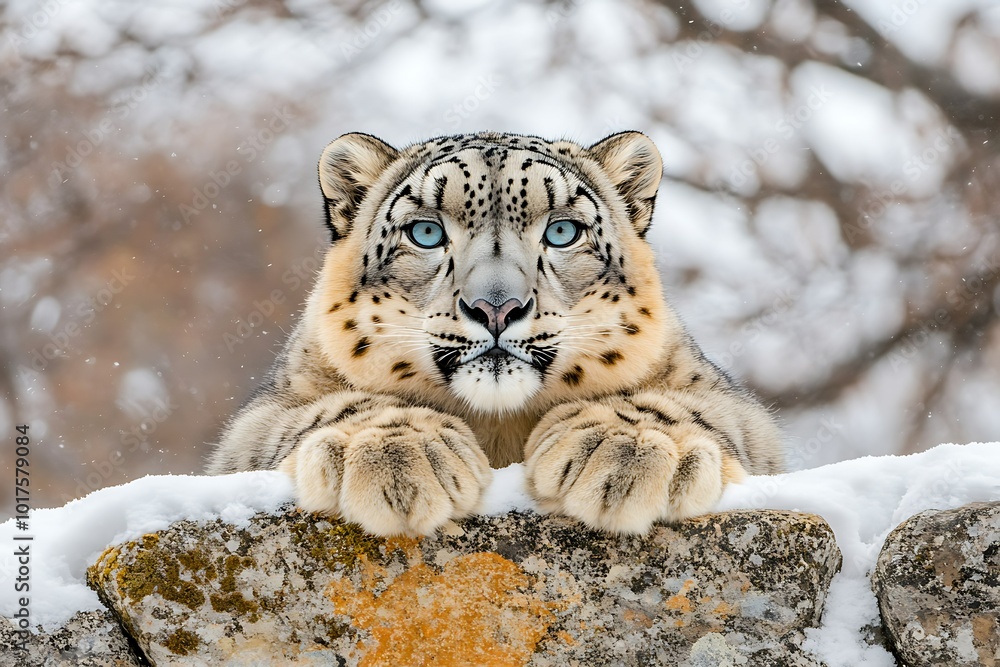 Fototapeta premium Snow leopard resting on a snowy ledge.