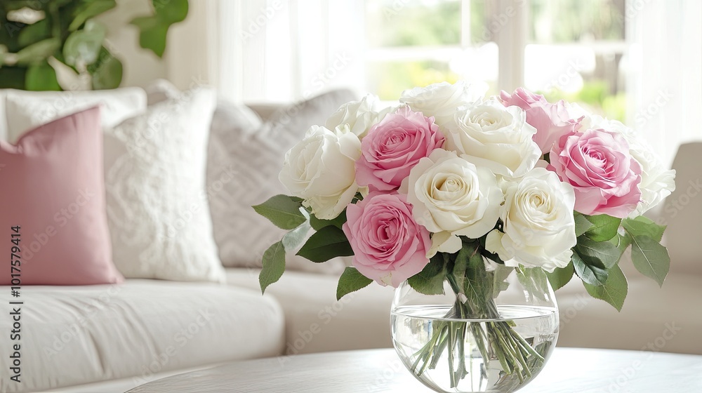A soft pink and white rose arrangement in a clear vase, sitting gracefully in a bright and cozy living room, A soft pink and white rose arrangement in a clear vase, sitting gracefully in a bright and cozy living room,