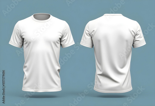 White T shirt front view and back view on blue gray backgroun.