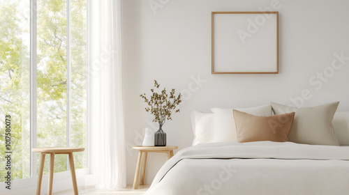 A serene bedroom featuring cozy bed with neutral colored pillows, minimalist decor style, and natural light streaming through large windows. room includes wooden side tables and vase with dried flower
