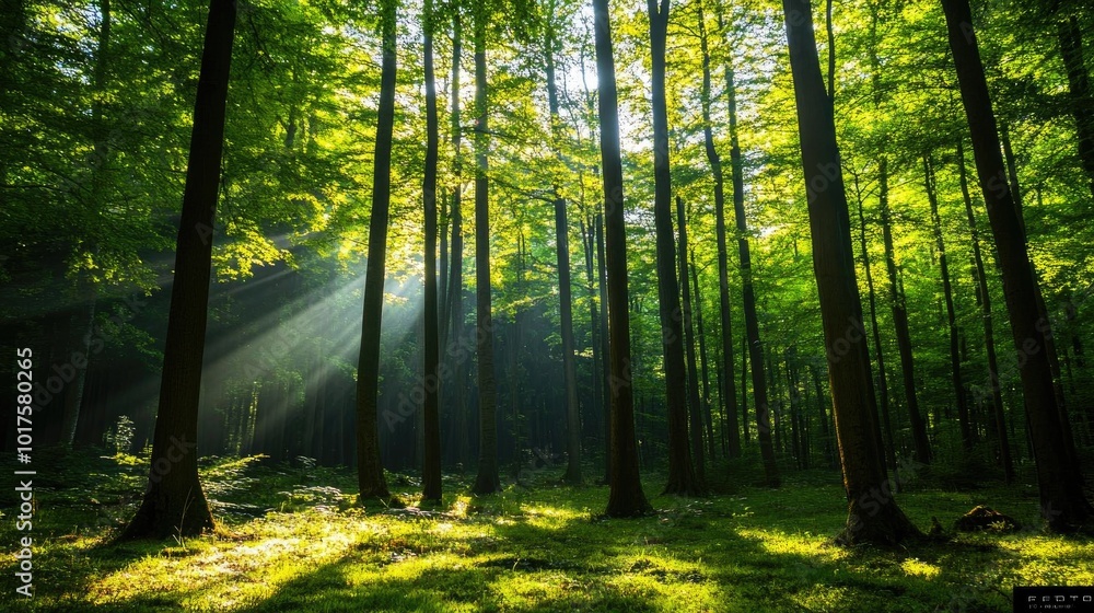 Naklejka premium A serene forest scene with sunlight filtering through green leaves, creating a peaceful atmosphere for nature lovers.
