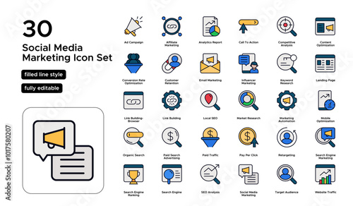 Social Media Marketing Filled Line Icon Set: Engagement, Analytics, Content Creation, and Community Management Icons