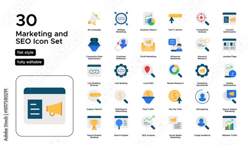 Marketing and SEO Flat Icon Set: Search Optimization, Analytics, Content Marketing, and Strategy Icons