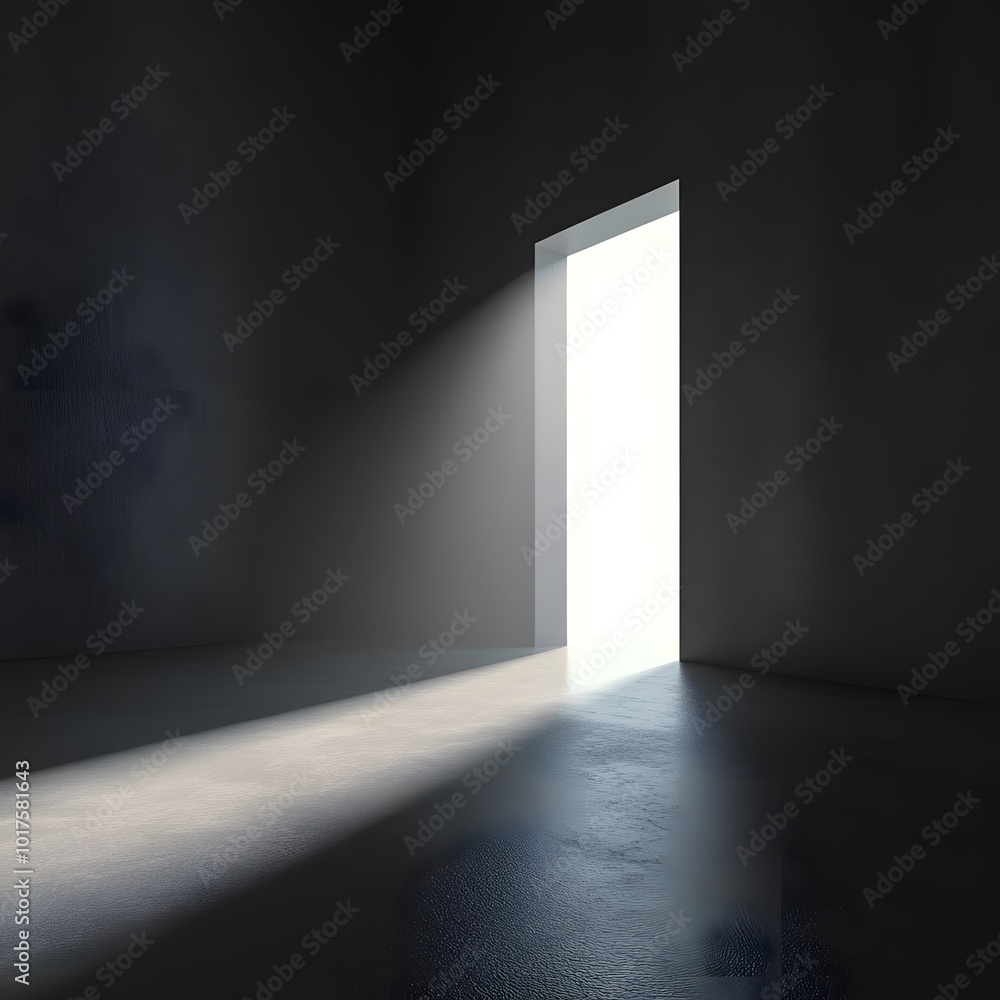 3D render of light shining through an open door into a dark room filling the space with bright white light 3D render of light shining through an open door into a dark room filling the space with bright white light
