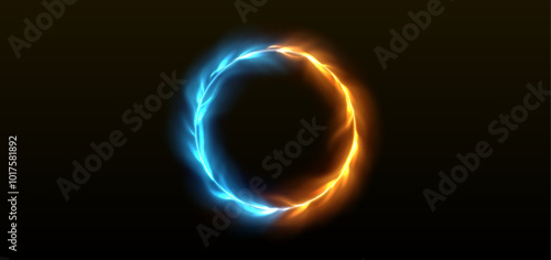 Spin yellow and blue fire ring with neon glowing tongues of flame and sparks for VS competition banner. Realistic 3d vector versus battle element - round fiery cold and hot frame with light effect.